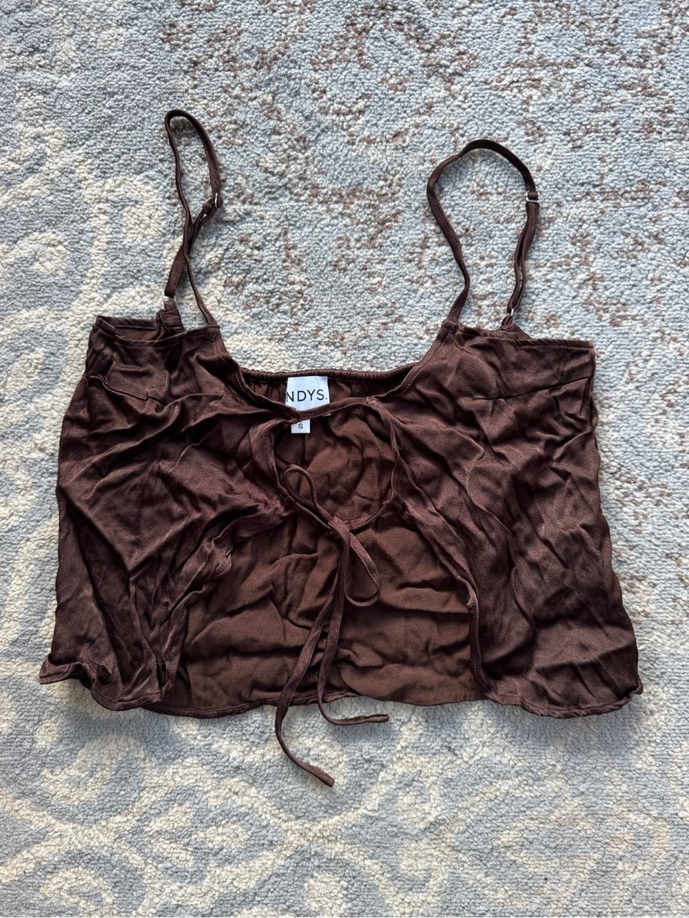 SNDYS Satin Tie Front Ruffle Cami Top Fairy Coquette Y2K Chocolate Brown Small